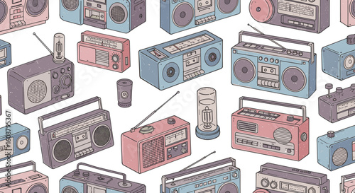 Vintage radio pattern with diverse designs and retro charm