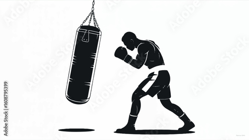 Dynamic black and white silhouette of a boxer training intensely with a punching bag