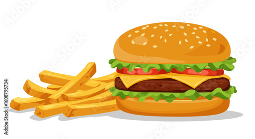 Classic cheeseburger with lettuce and tomato next to golden french fries on white background