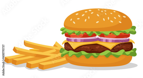 Delicious cheeseburger with fries on white background