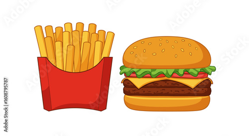 Cartoon french fries and cheeseburger with lettuce, tomato, and cheese