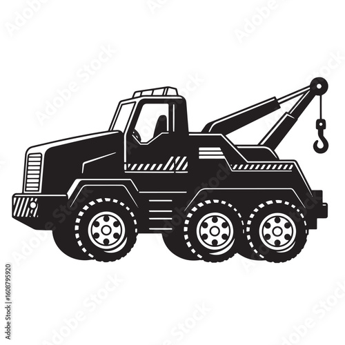 Illustrated black and white tow truck ready to provide roadside assistance and recovery