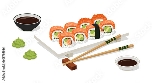 Realistic sushi platter with chopsticks and sauces on white background