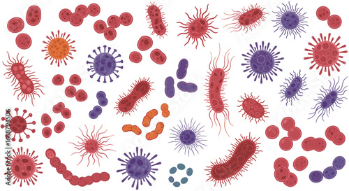 Colorful assorted bacteria and viruses pattern in flat cartoon style