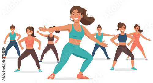 Group dance class with women exercising in colorful outfits and dynamic poses