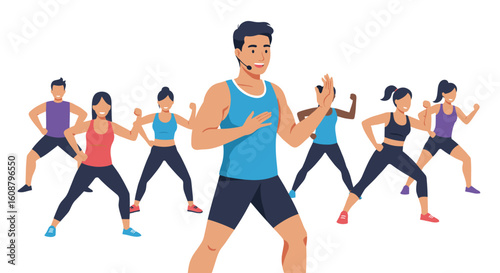 Group exercise class with energetic instructor leading diverse fitness workout
