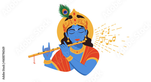 Elegant depiction of mythological figure playing flute with musical notes