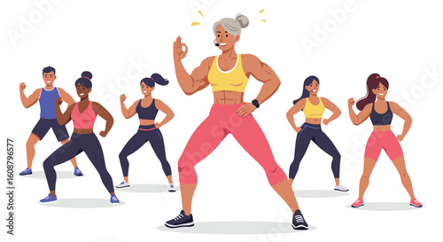 Energetic senior leading a diverse group fitness dance class with enthusiastic participants