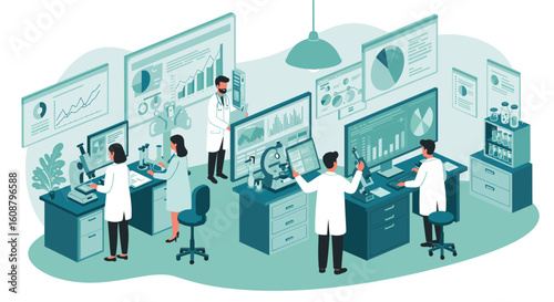 Modern medical research lab with doctors in isometric design analyzing data and charts