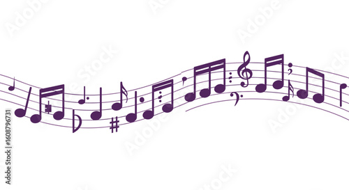 Flowing musical notes on a curved staff design with key signature