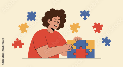 Person solving puzzle with colorful pieces in playful cartoon style