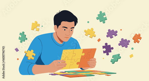 Focused young adult engaged in puzzle solving with colorful pieces