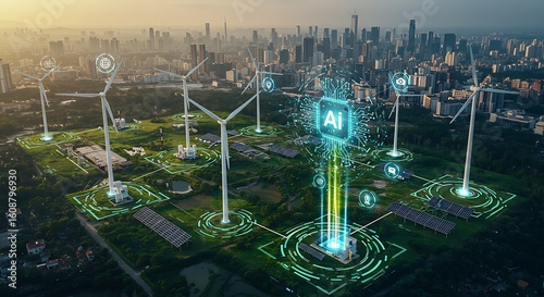 Innovative urban landscape showcasing futuristic renewable energy technologies integrated with artificial intelligence for smart city development