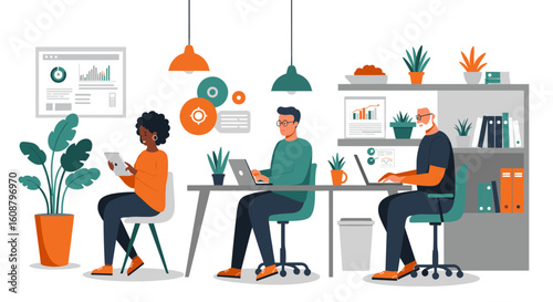 Modern office workspace with diverse team using technology at desks