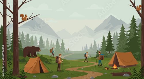 Camping adventure in tranquil mountain landscape with hikers and wildlife