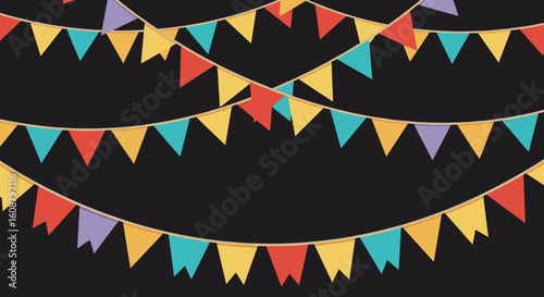 Colorful hanging party banners on dark background for festive celebrations