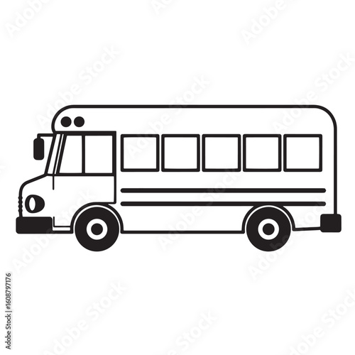 Simple black and white vector illustration of a classic school bus for transportation education