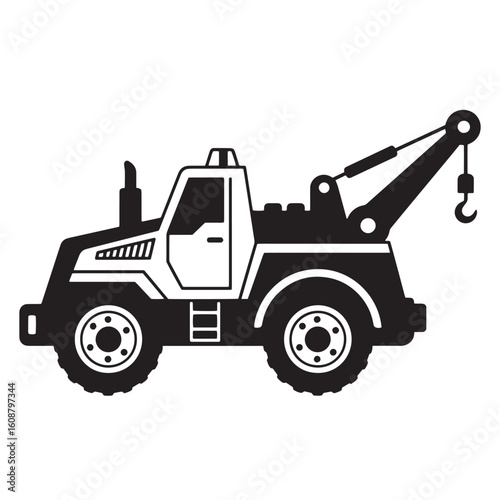 Stylized black and white illustration of a tow truck ready to provide roadside assistance