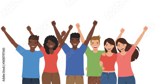 Diverse group of young adults celebrating with raised hands in flat design