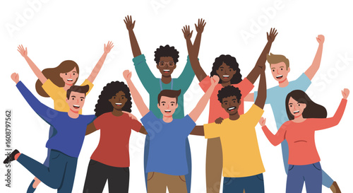 Diverse group of happy people celebrating together in a flat style
