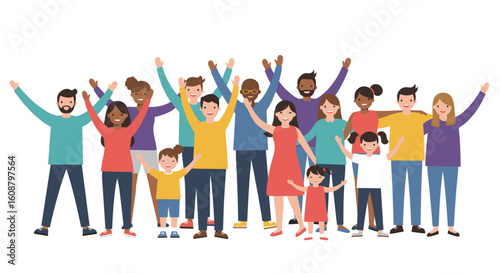 Diverse group of happy people celebrating together in flat design