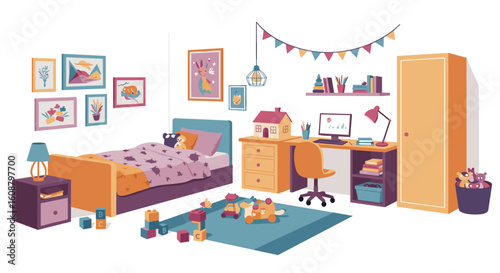 Cozy kids room interior with desk, bed, and colorful decor in a flat style