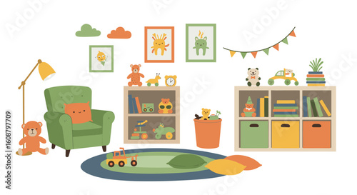 Cozy children's playroom with toys and decor elements in pastel colors