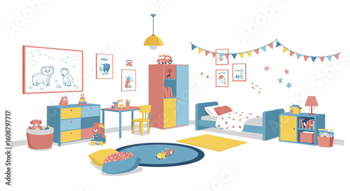 Colorful children's playroom with toys and decor in minimalist style