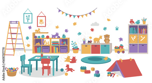 Colorful playroom design with toys and furniture for children's educational spaces