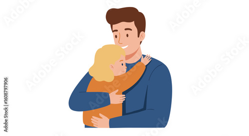 Heartwarming cartoon of father hugging daughter in casual attire on white background