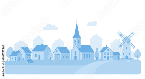 Tranquil countryside scene with church and windmill in soft blue hues