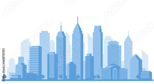 Blue city skyline silhouette with modern skyscrapers and urban architecture