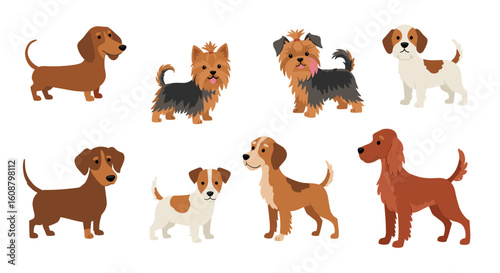 Adorable collection of various dog breeds in cartoon style
