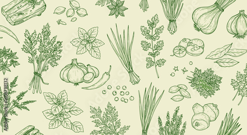 Seamless green herb and spice pattern on beige background for organic and culinary design