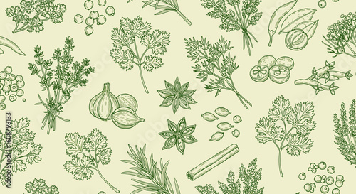 Hand drawn botanical pattern with herbs and spices on light background