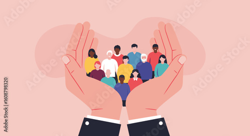 Diverse community support concept: hands holding a multicultural group