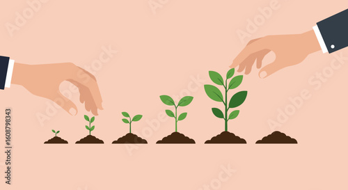 Business growth concept with hands nurturing growing plants in flat design