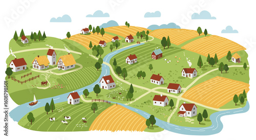 Charming countryside landscape with farmhouses, fields, and river in flat design