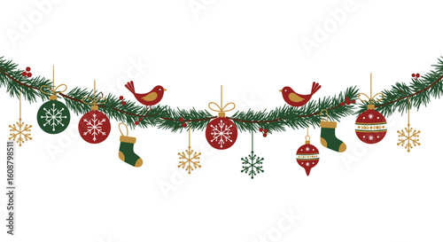 Festive holiday garland with ornaments and birds on pine branches