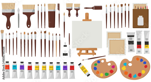 Colorful art supplies collection on white background featuring canvas, paint tubes, and brushes