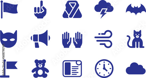 Blue icons featuring flags a hand a mask a megaphone hands a storm a bat a cat a teddy bear a postcard a clock and clouds