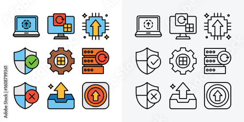 Updated system icon outline and flat style with software upgrade, protection, and security status. vector graphic signs