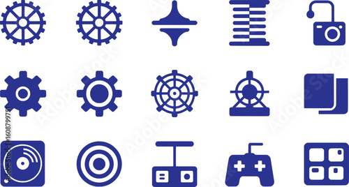 Blue icons of gears spinning tops spools locks records targets controllers and grids vector