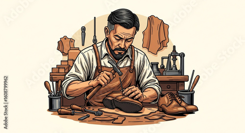 A shoemaker at work hammering a shoe with tools and leather pieces on a wooden workbench surface