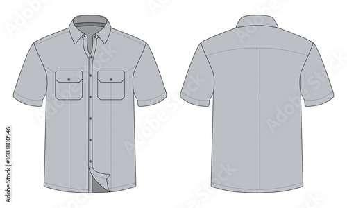 Gray short sleeve button down shirt mockup front and back view