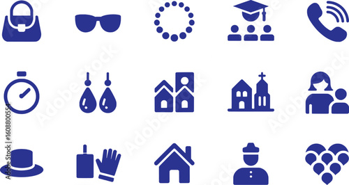 Blue Icons Representing Fashion Education Communication Buildings Accessories and People