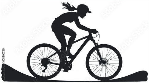Dynamic black silhouette of a mountain biker in action against a clean white background