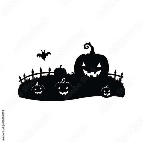 Silhouette of pumpkins in a yard with a fence and a bat