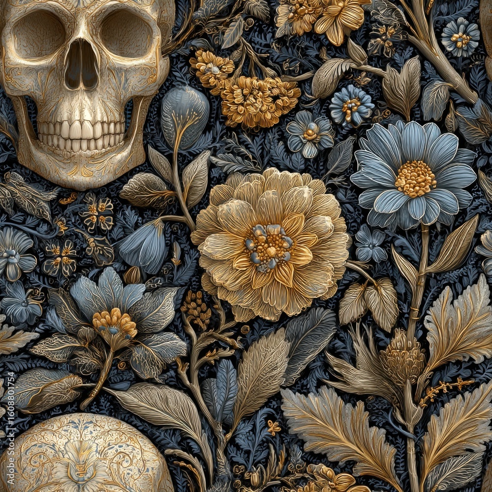 Fototapeta premium Intricate Gold And Blue Floral Pattern With A Skull