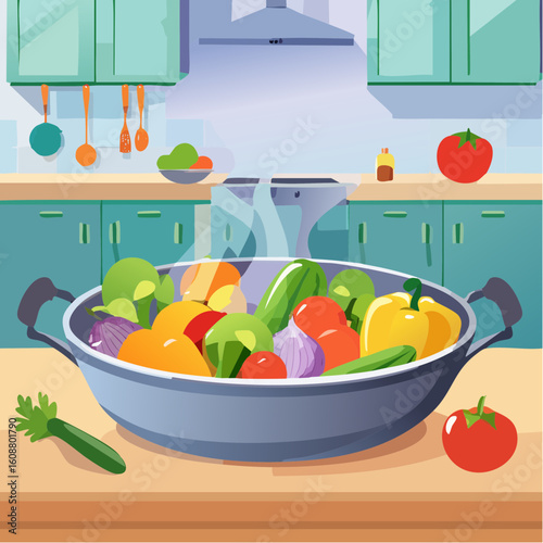 Sizzling vegetable medley in a stainless steel pan in a professional kitchen